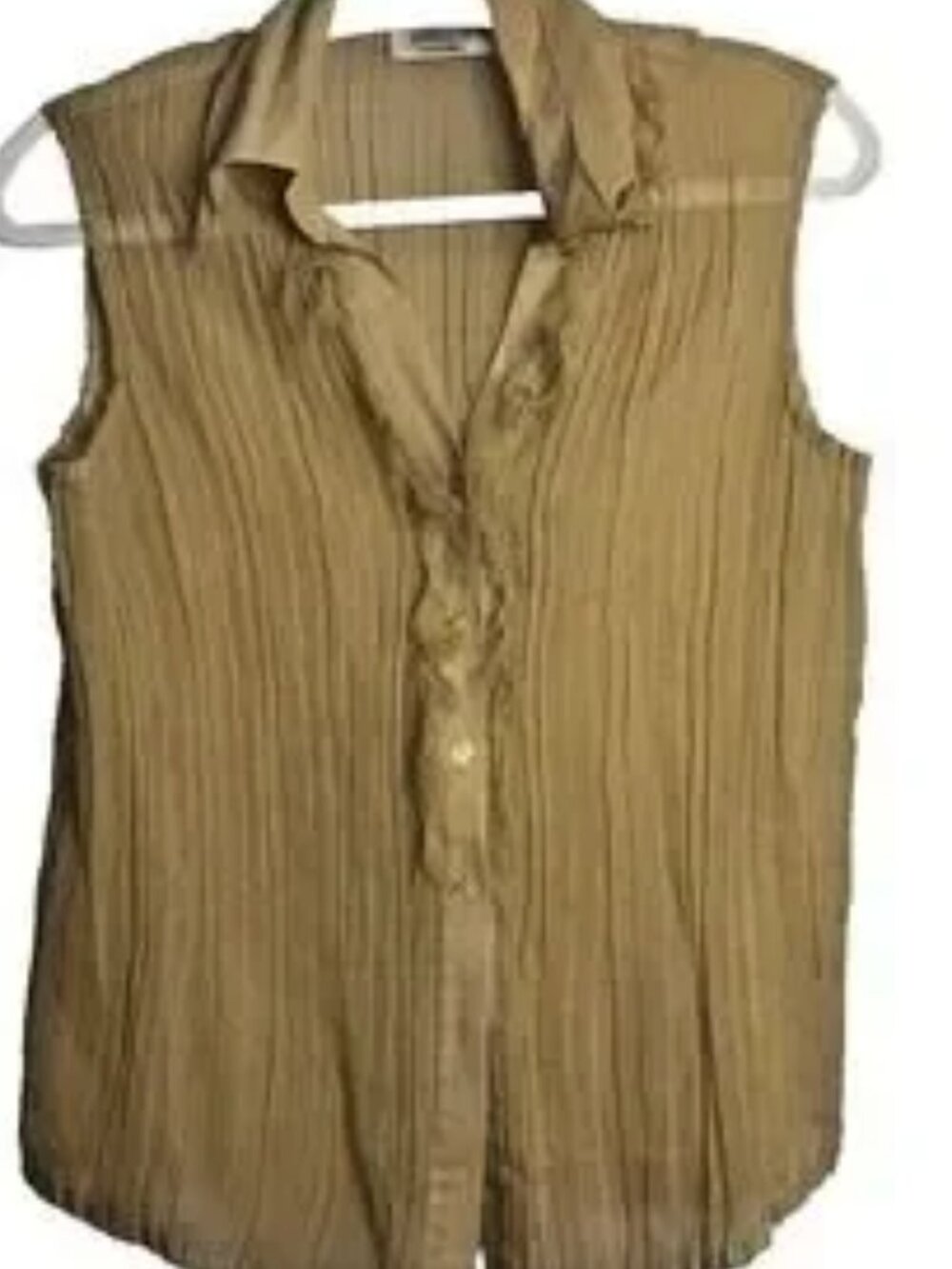 Women's Tan Accordion Pleated Sleeveless Top Med Button Front